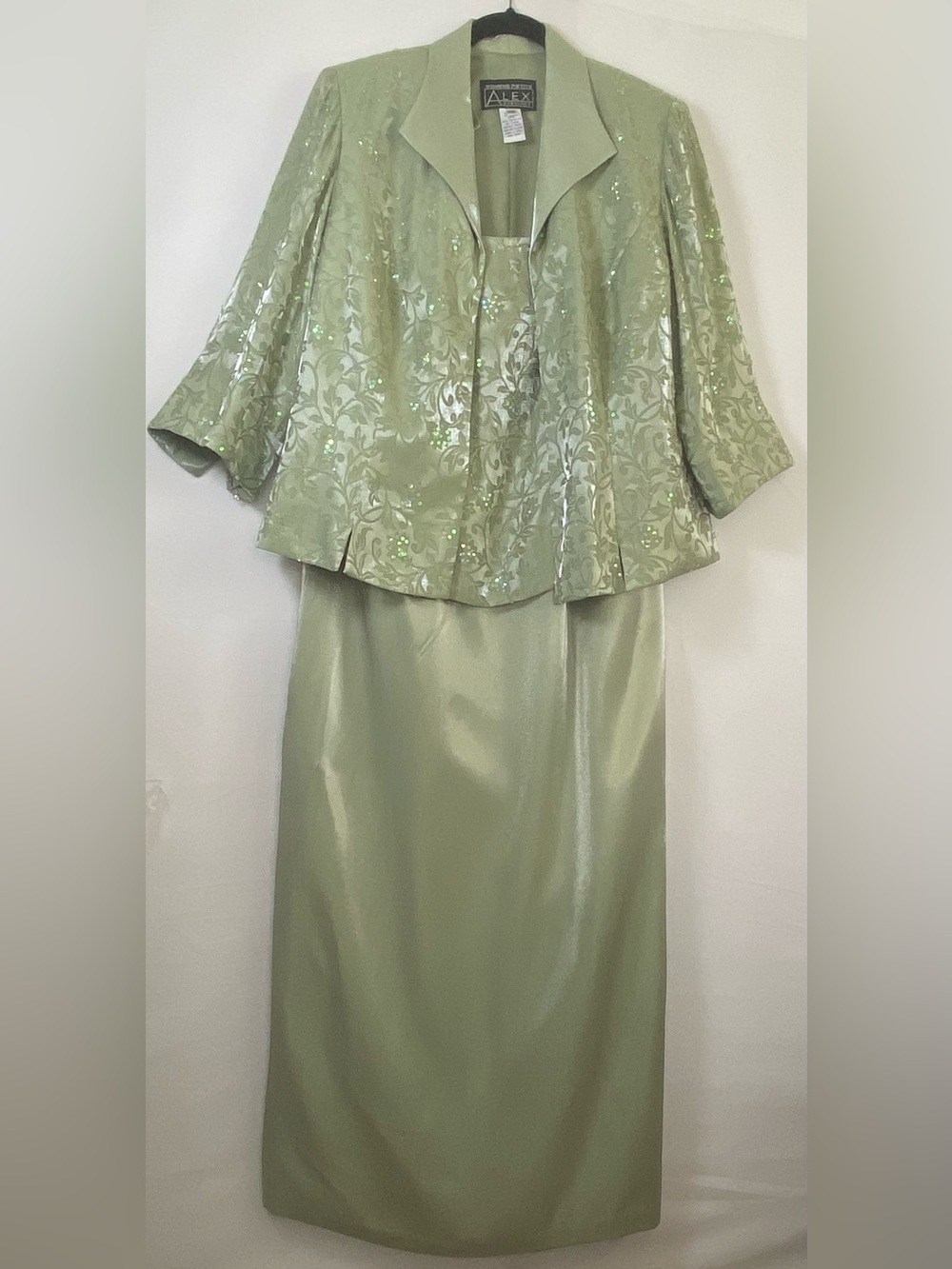 Alex Evenings 14WP Light Sage Satin Jacquard Jacket & Maxi Dress Set